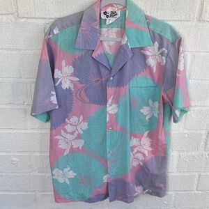 Hilo Hattie Pastel Floral Hawaiian Button Down Short Sleeve Vintage Shirt sz L